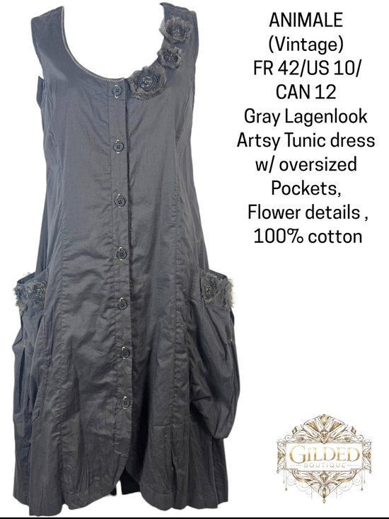 Animale Dresses & Skirts - Animale - Gray Lagenlook Tunic Dress with Floral Appliqués - Vintage Size 12